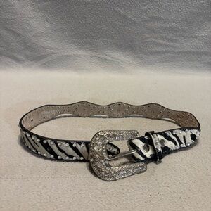 Nocona Western Belt Girls 20 Zebra Print Calf Hair Scalloped Edges Rhinestones